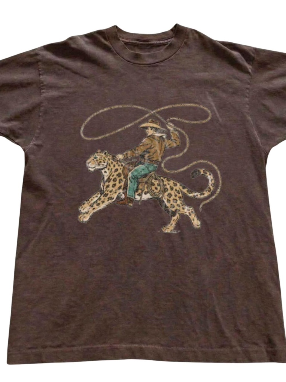 Gildan Brown Tee with Cowboy Riding Leopard Graphic, Gift For Her, For Him